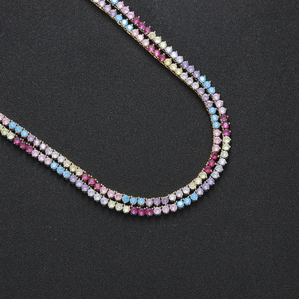 3mm 16&quot; 18&quot; 20&quot; brass setting CZ 3 Prong colorful stone Tennis Chain Necklace Iced Out AAA Cubic Zirconia BC125