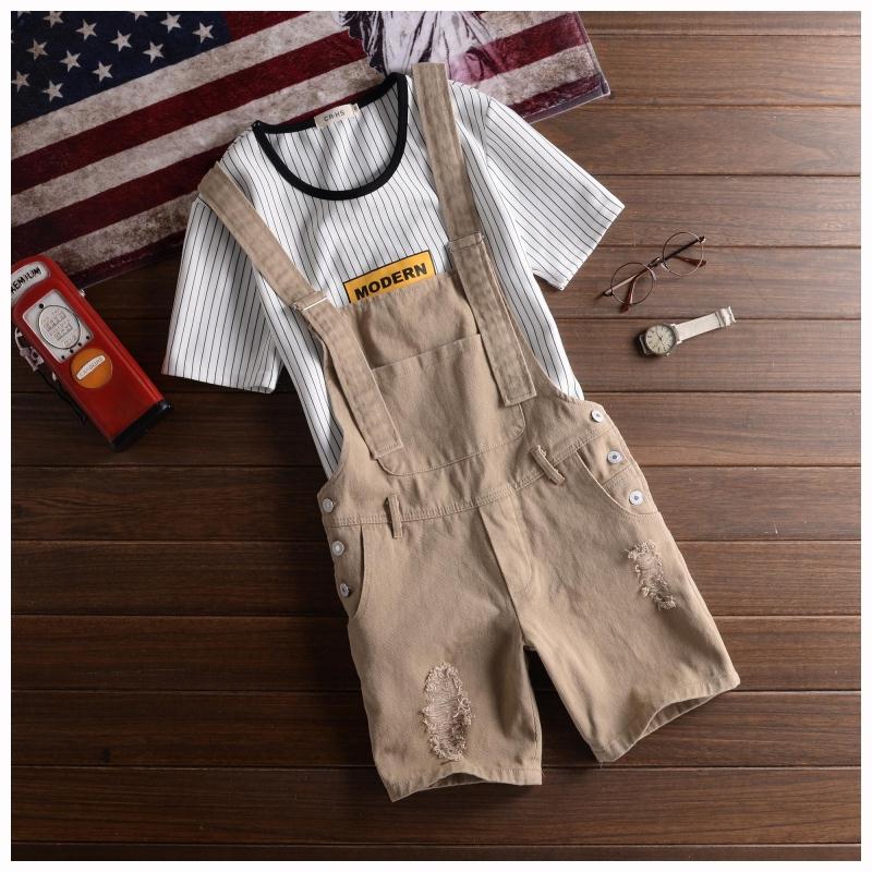 Summer Men's Shorts Bib Overall Jeans Short Male Casual Ripped Denim Jumpsuits Jeans Shorts Pants Khaki White Black: Khaki / XXL