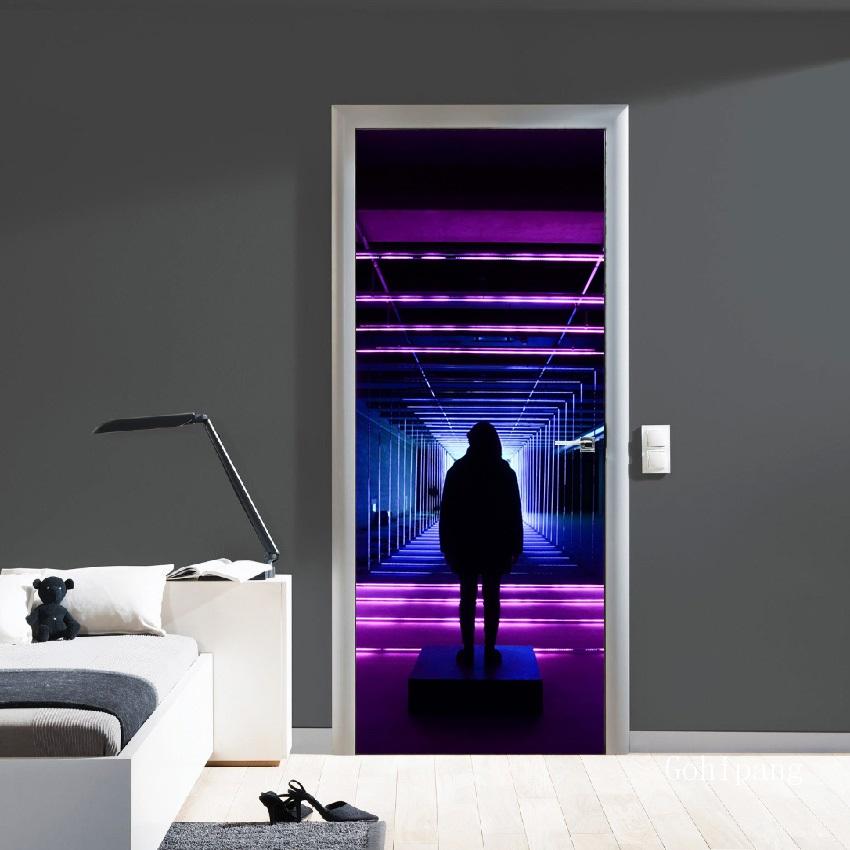 Abstract Style 3D Geometric Door Sticker DIY Renovation Mural Waterproof Print Picture Home Decor Renovation Poster PVC Sticker: Coffee / 77x200cm