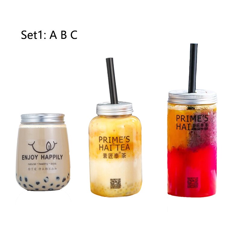 500ml plastic drinkflessen met aluminium deksels, wegwerpflessen met doorzichtige drank en water, brede hals voor snoep en thee.: Set 1