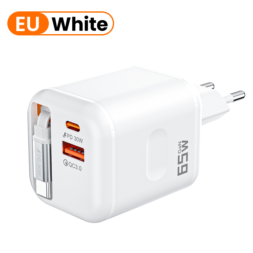 65w- poorts dual-port intrekbare kabel snellader snellader reis usb-c oplader eu/us/uk stekkeradapter voor iphone 15 16 17: Il