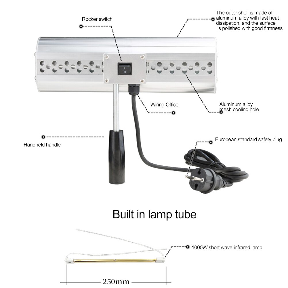1000w tørring solfilm lysbølge auto infrarød varme bagning maling hærdning lampe bil krop spray håndholdt reparation udstødningsfilter
