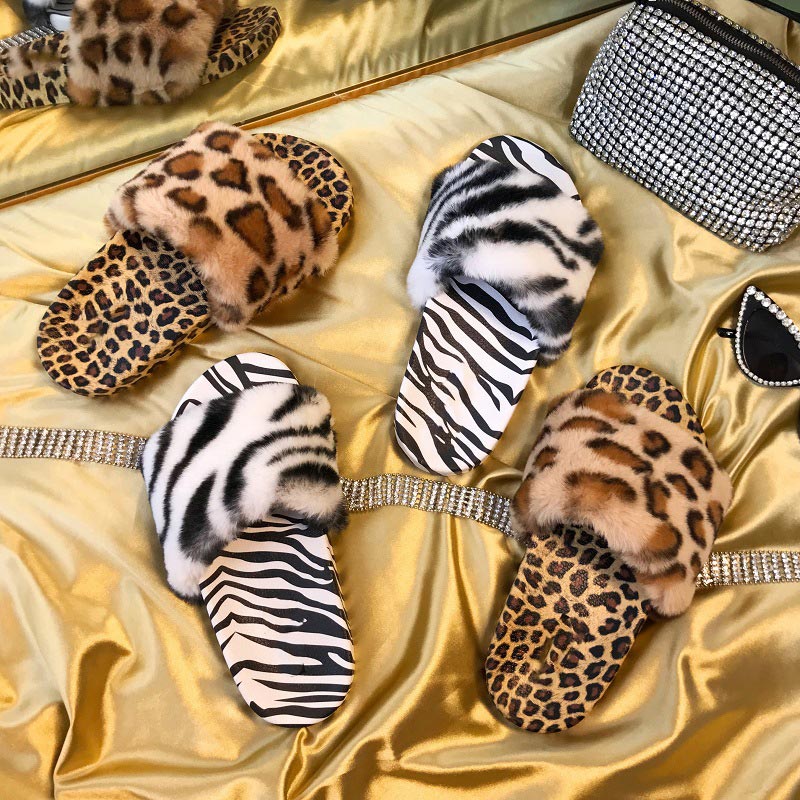 Kvinnor tofflor dam våren plysch öppen tå leopard plattor skor kvinnlig avslappnad komfort plattform toffel kvinna sko