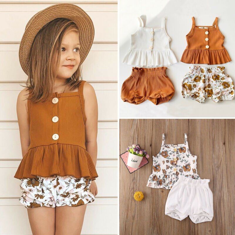 Pudcoco 2Pcs Kids Baby Meisje Kleding Mouwloze Knop Ruches Tops Jurk Bloem Shorts Broek Outfit Zomer