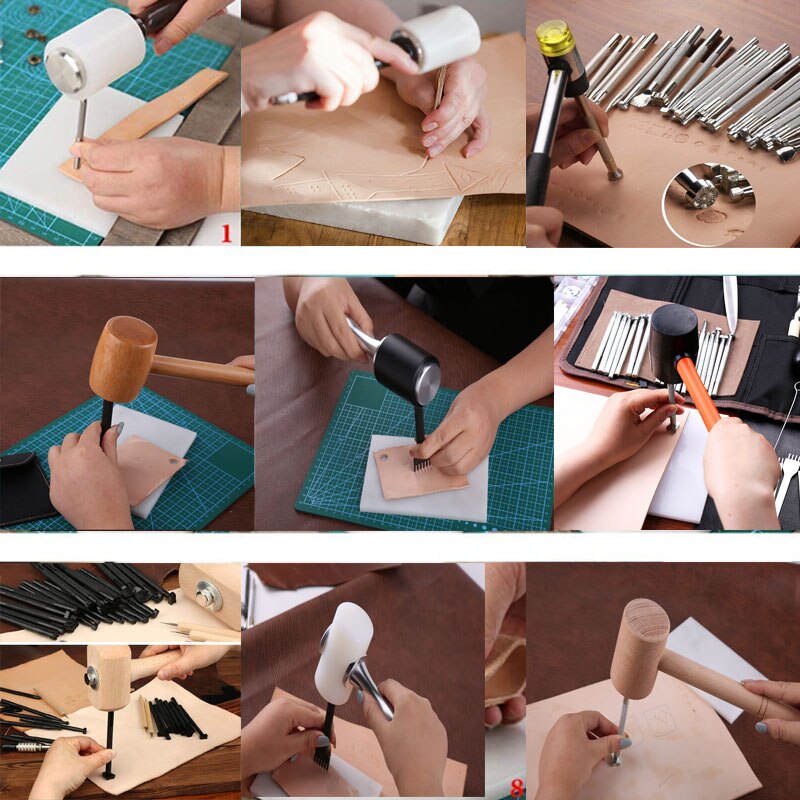 LMDZ 16 stili artigianato in pelle martello da intaglio manico in legno martello in Nylon punzonatura utensili da taglio per timbratura cucire pelle bovina