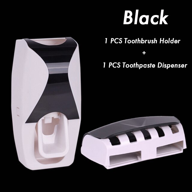 Automatic Toothpaste Dispenser Toothbrush Holder Storage Rack Wall Mount Holder Bathroom Accessories Toothpaste Squeezer Set: Black