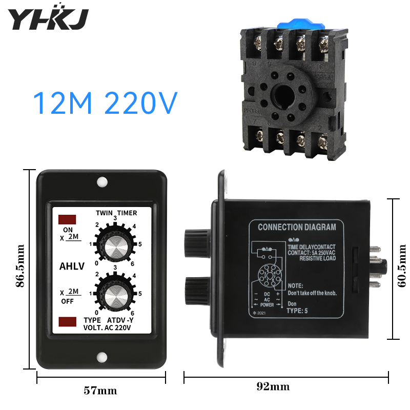 Adjustable Dual Time Relay Repeat Cycle Timer ATDV-Y ON OFF 3S/6S/12S/30S/60S/3M/6M/12M/30M/60M 220V Twin Timer With Socket Base: XXL