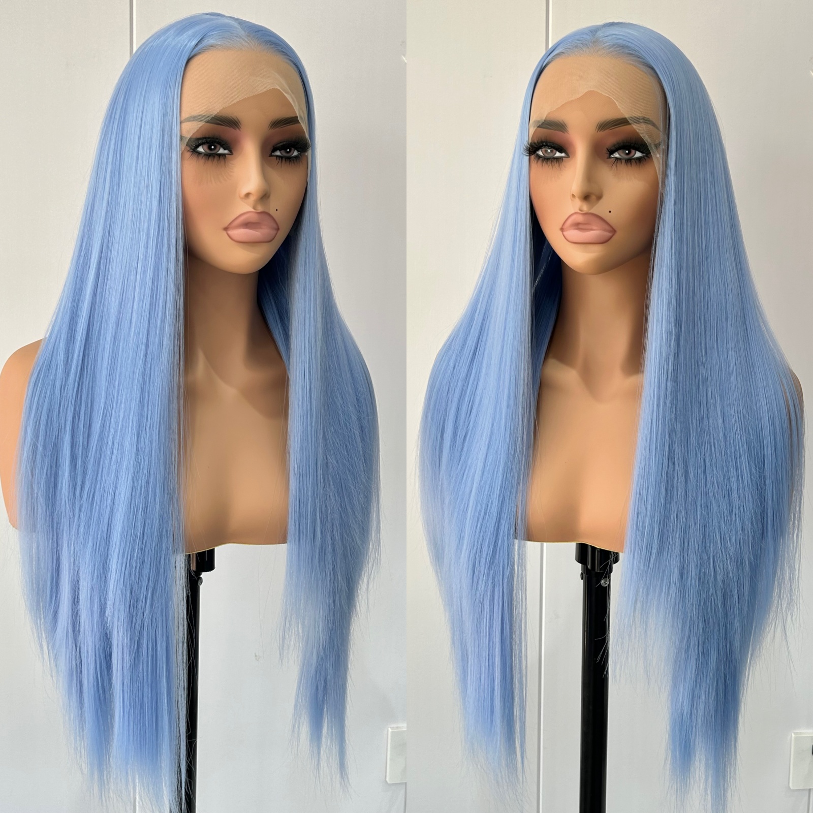 Pelucas de pelo sintético largo y sedoso para mujer, color azul claro, parte libre, color azul cielo, fibra resistente al calor, de Cosplay diaria