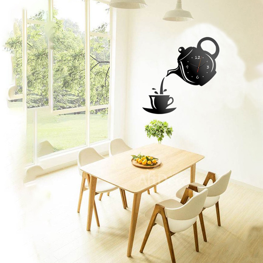 Diy akryl kaffekop tekande 3d diy vægur dekorative køkken vægure stue køkken ure vægur klistermærker -4