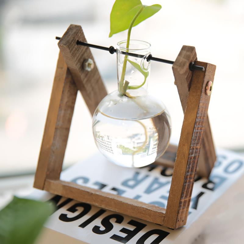 Vintage hydroponic vatten växt glas blomma växt transparent vas träram stå bordsskiva växt dekor diy