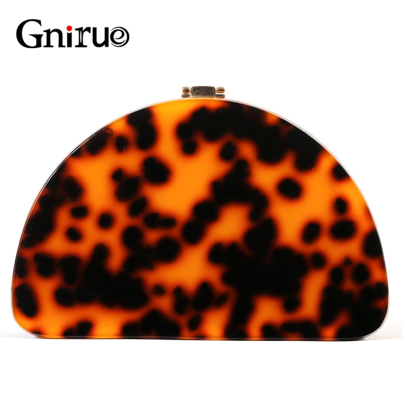 Leopard Dinner Handbag Acrylic Semicircle Amber Evening Bag Women Messenger Shoulder Bag Trendy Party Clutch Purse