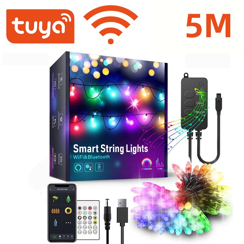 Tuya WiFi Smart LED Fairy Lights IP65 WaterProof RGB Strip Light Alexa Google Home Remote Christmas Tree Lights Decor Smart Life: water proof 5M