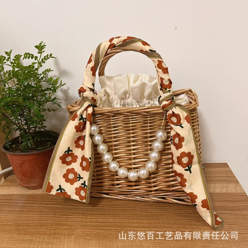 Bolso tejido de mimbre para mujer, organizador de escritorio de ratán, de boda, bolso femenino, cesta con decoración de cinta: Square red flower