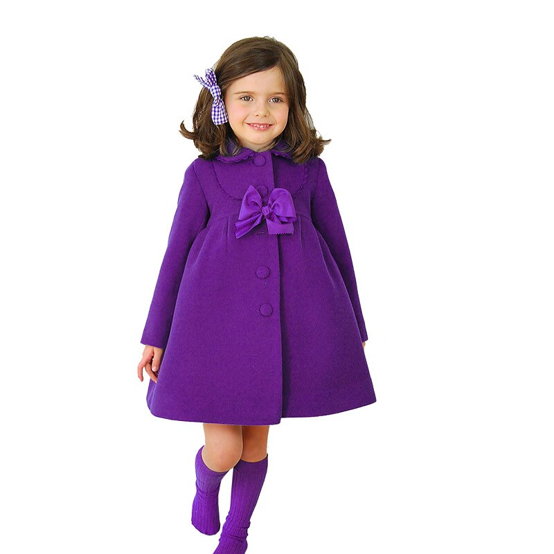 Ullkåpe jente høst vinter jenter bomull lange jakker til barneklær nydelig sløyfe nedtrekkbar krage kåpe til jenter: Lilla / 4t