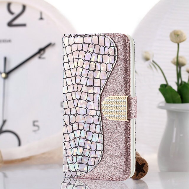 Funda con tapa para Huawei P Smart , carcasa inteligente con diamantes de imitación, cartera brillante para mujer, FIG-LX1: P Smart2019 (6.21in) / Rose gold