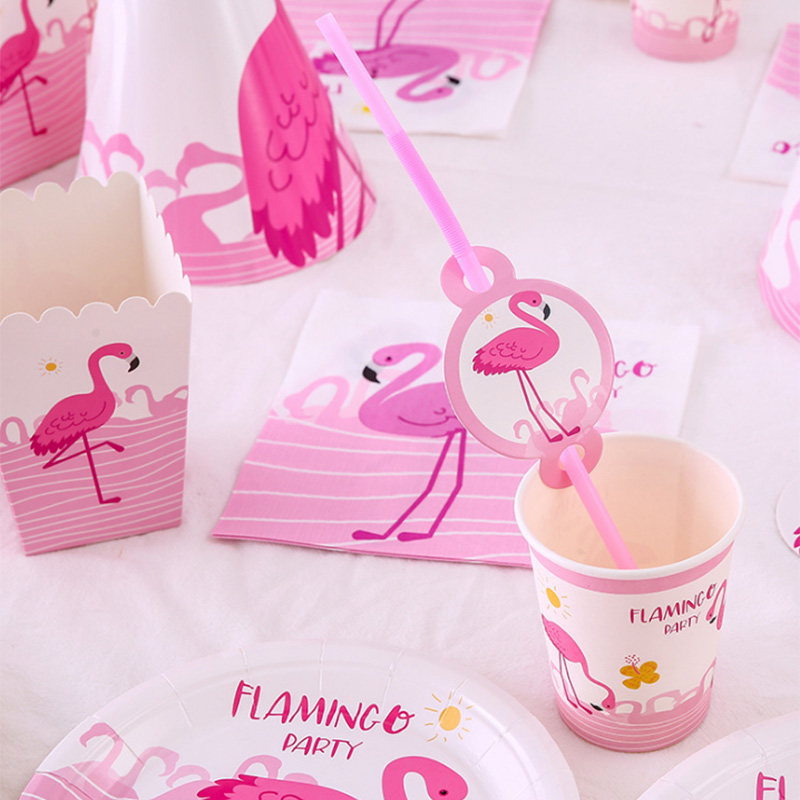 Decoración de de flamenco rosa, flamenco hawaiano, de cumpleaños para niñas, vajilla desechable, plato de papel, taza, diadema de flamenco de paja
