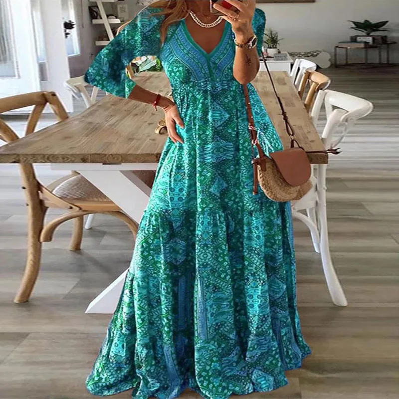 Robe longue à manches 3/4 pour femme, style bohème européen et américain, taille haute, col en V, imprimé fleuri fragmenté,