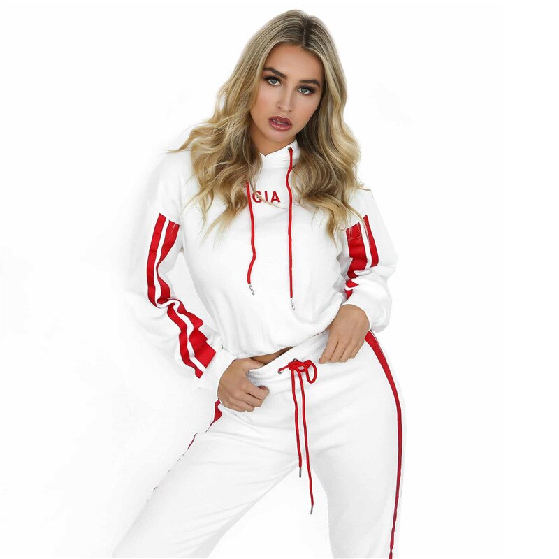 Femmes sport costume automne et hiver couleur assorti rayures courte dentelle à capuche pull décontracté féminin costume décontracté: WHITE / XXL