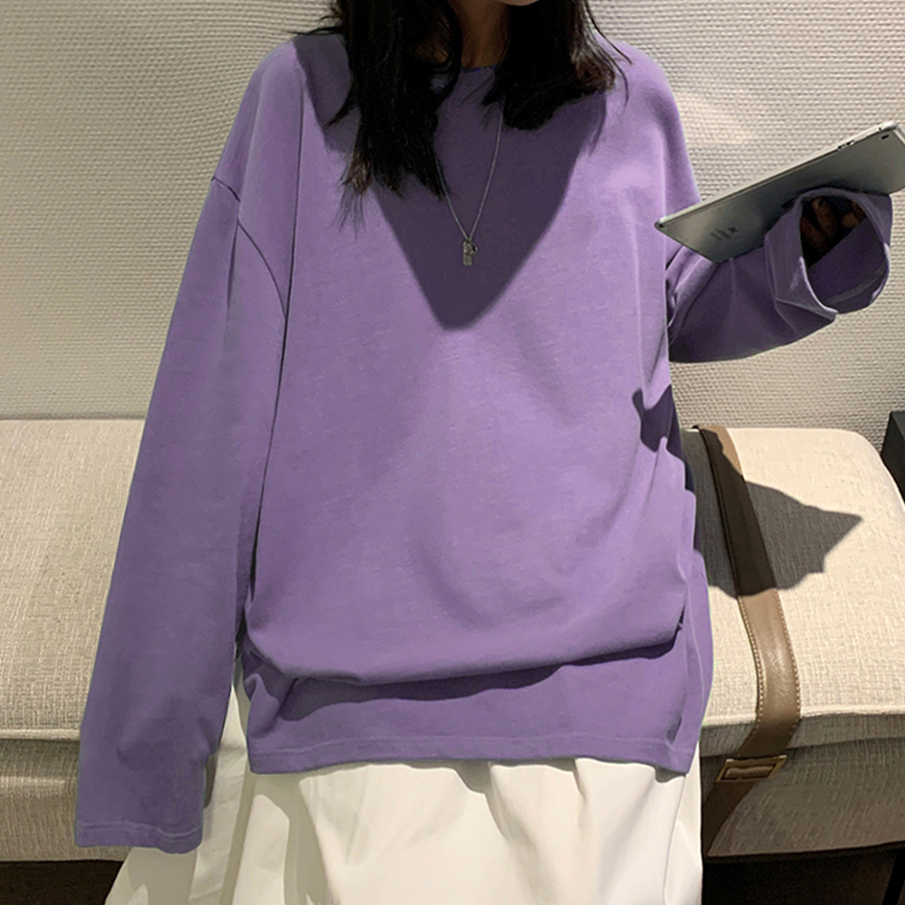 Nueva camiseta de manga larga de algodón para primavera, camiseta básica para mujer, camiseta de gran tamaño, camiseta informal con cuello redondo para mujer, talla estadounidense