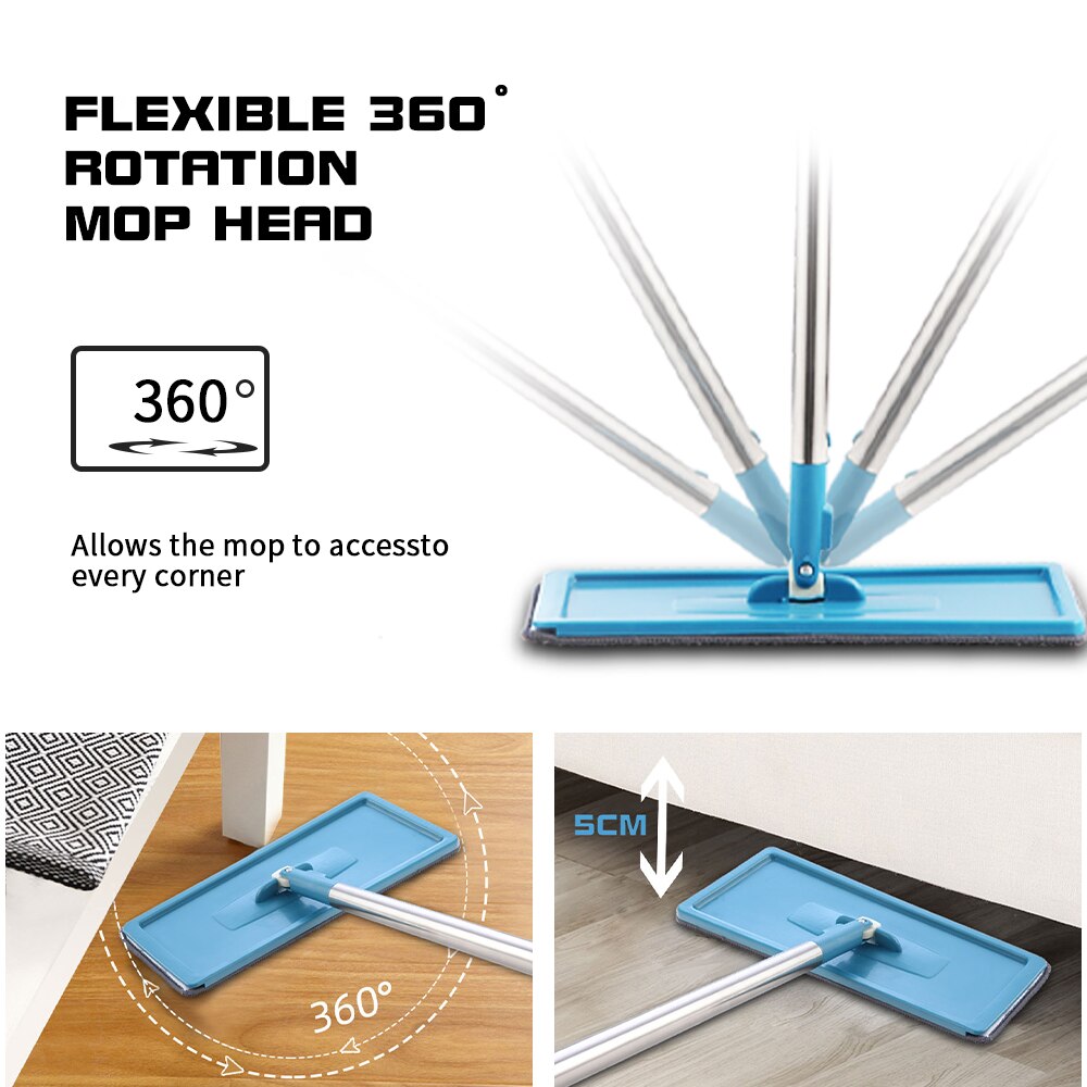 Trapeador plano con cubo Rotación de 360 ​​grados No lavar a mano Fregona para limpieza de suelos 6 alfombrillas de microfibra Uso húmedo y seco Utensilios de cocina para el hogar