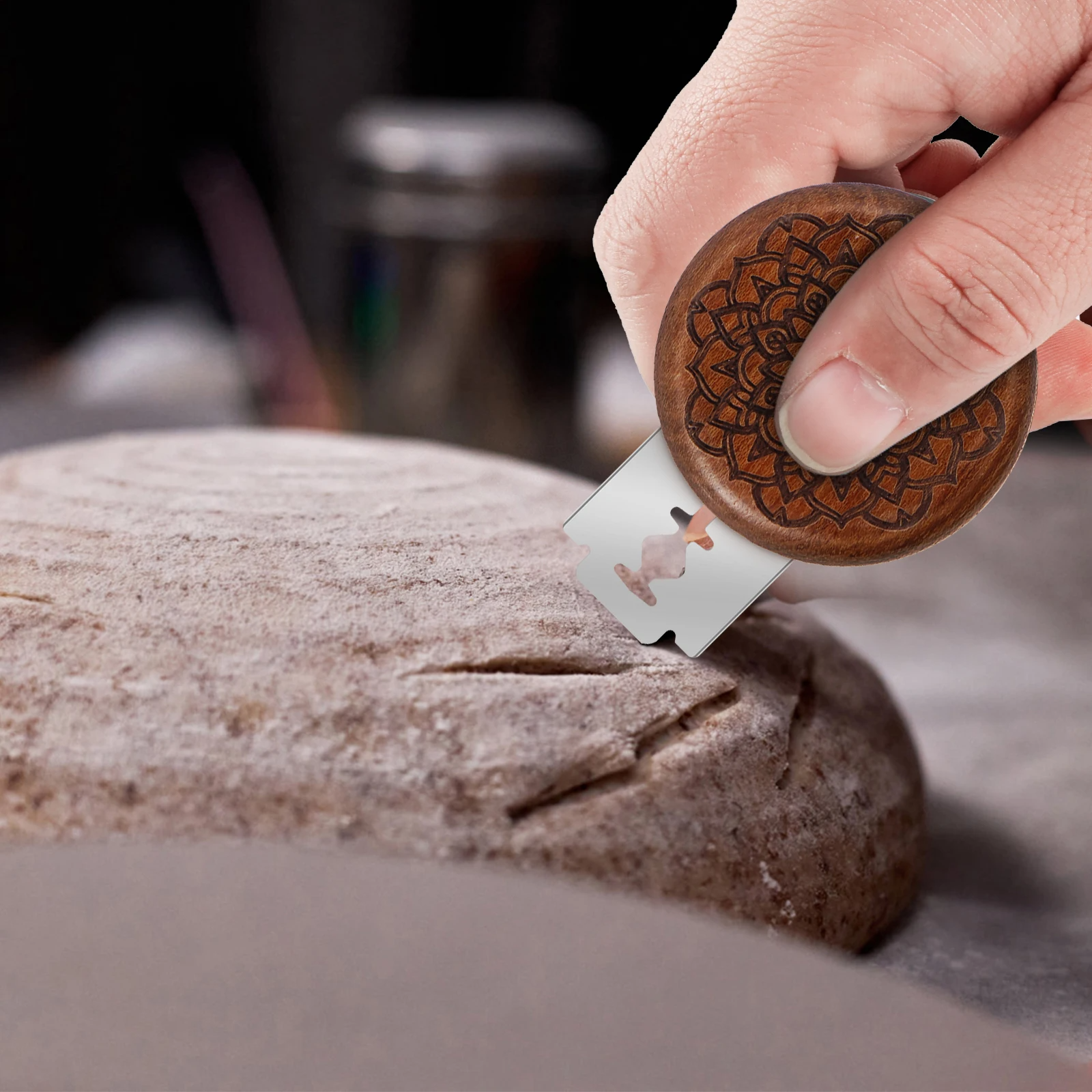 Leipä ontuva taikinaleikkaustyökalut puinen kaavin ranskalainen leipomo ontuva 5 terällä veitsi kaari kaareva viipalointileikkuri leivontatyökalut