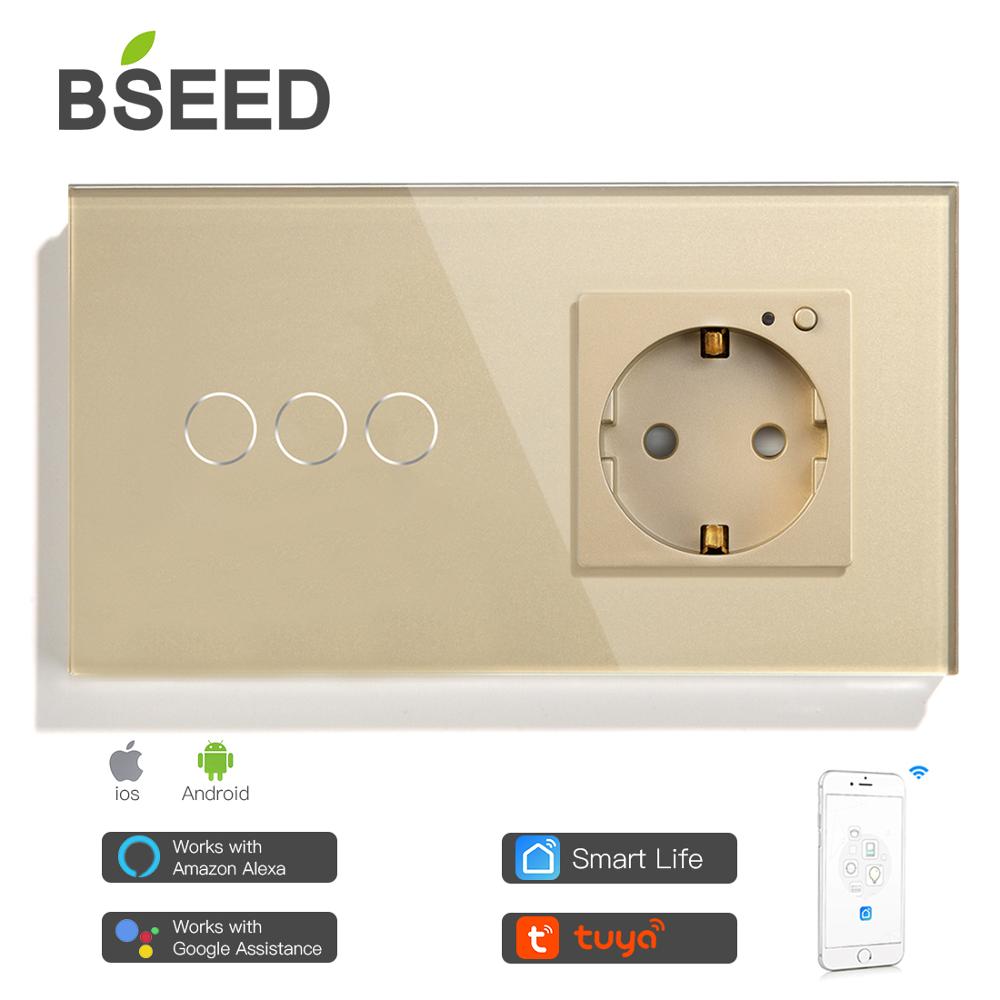 BSEED 3 Gang Smart Touch Light Switch With EU Wall Socket White Black Gold Wall Sensor Switch Crystal Glass Panel Work With Tuya