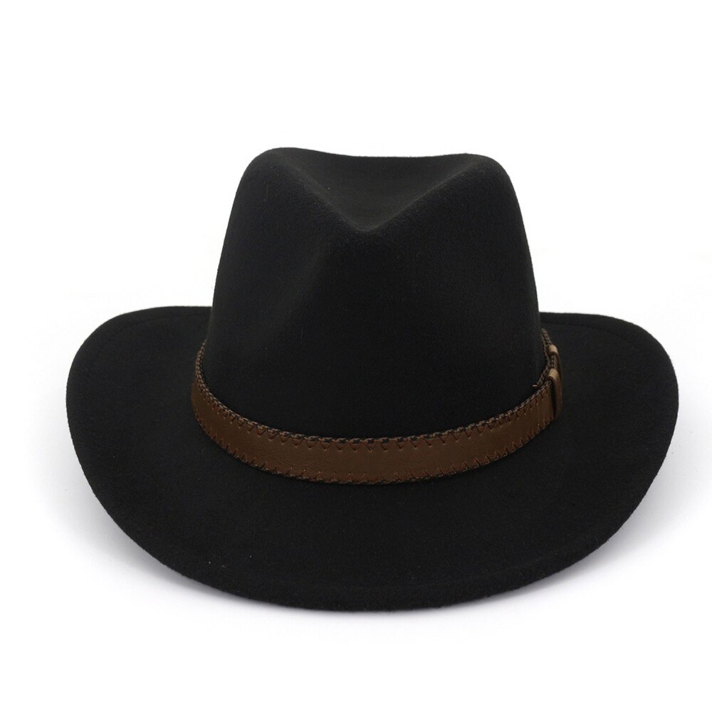 Unisex Men Women Wool Western Cowboy Hat With Punk Belt Outdoor Travel Sombrero Hombre Hat Size 56-58CM: Black