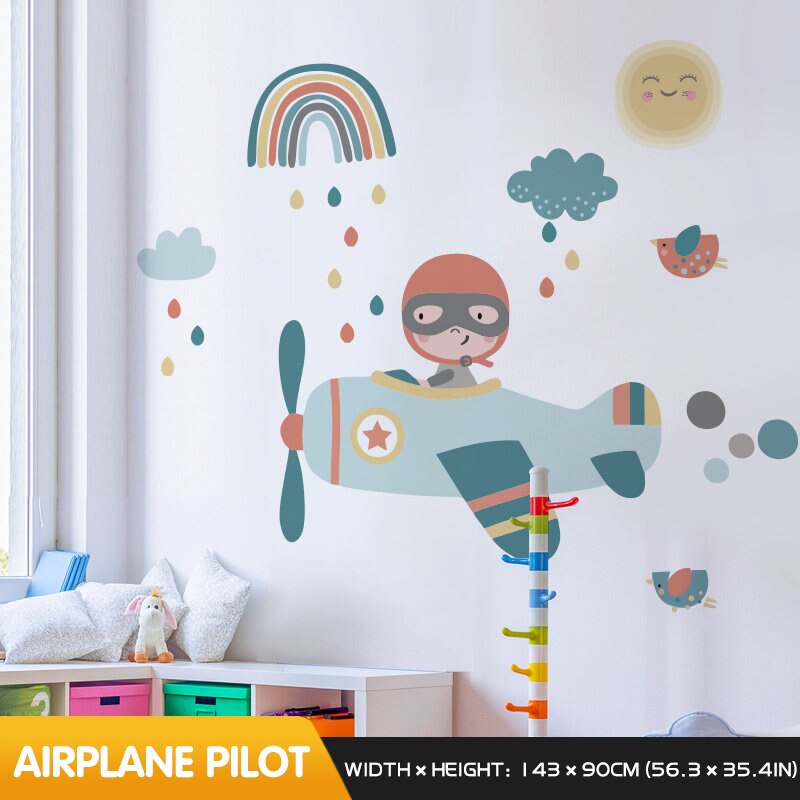 Happy flying cartoon wall sticker kids room decoration baby bedroom decor living room wall self-adhesive stickers home decor: Aircraft pilot