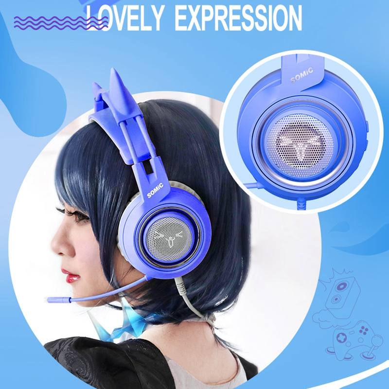Somic G952s Blue Gaming Headset Lovely 3.5mm Wired Earphone Bass Vibration Noise Cancelling Headphones for PC Gamer with Mic