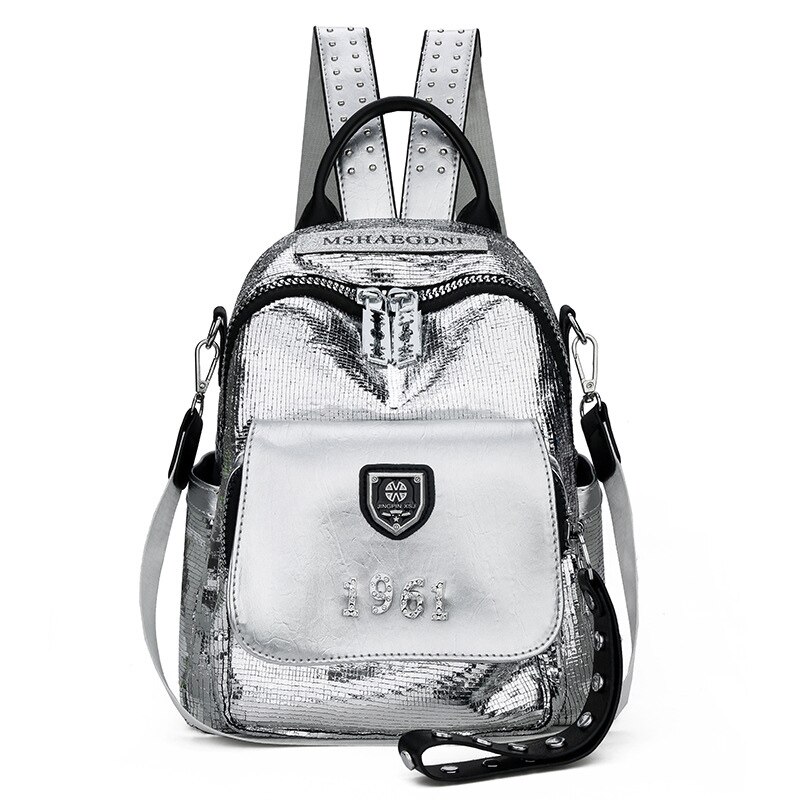 Silver Leather Bag Packs School Bags Teenage Girls Multi-function Travel Backpack Sac A Dos Shoulder Bag Black Back Pack Zipple: Silver