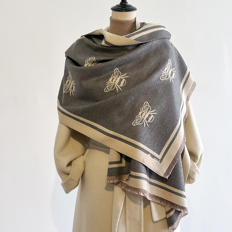 Luxo marca de dois lados abelhas lenço, imitação de caxemira, macio, quente, franja, pashmina, xale, inverno, coldproof, à prova de vento, cobertor
