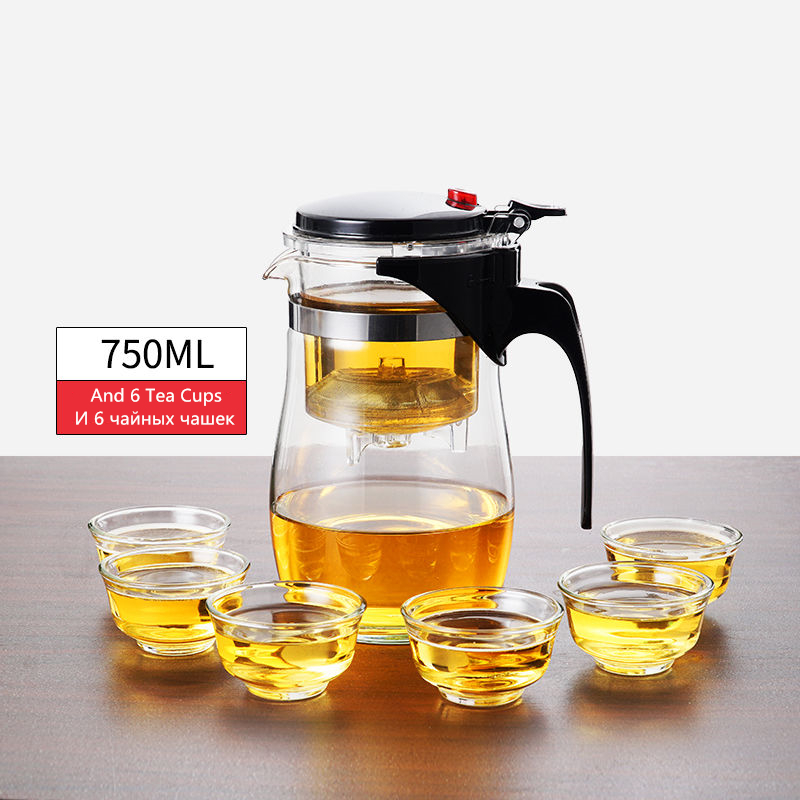 Tekanna värmebeständigt glas te krukor te infusionsanläggning kinesisk kung fu te uppsättningar vattenkokare kaffeglas tillverkare bekvämt kontors te set: 750ml och 6 tekoppar