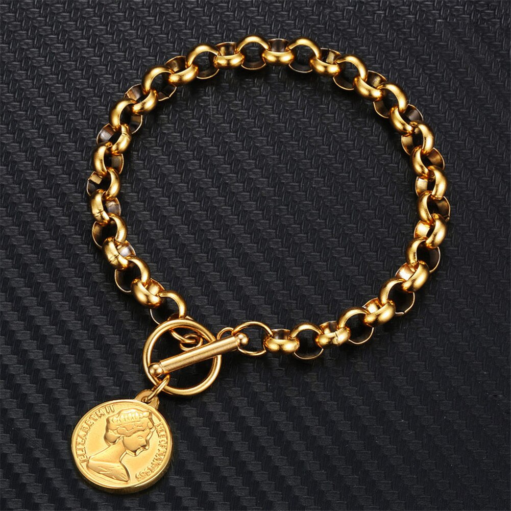Moda ot fivela moeda beleza cabeça encantos pulseiras de aço inoxidável osso corrente link alternância pulseira para jóias femininas