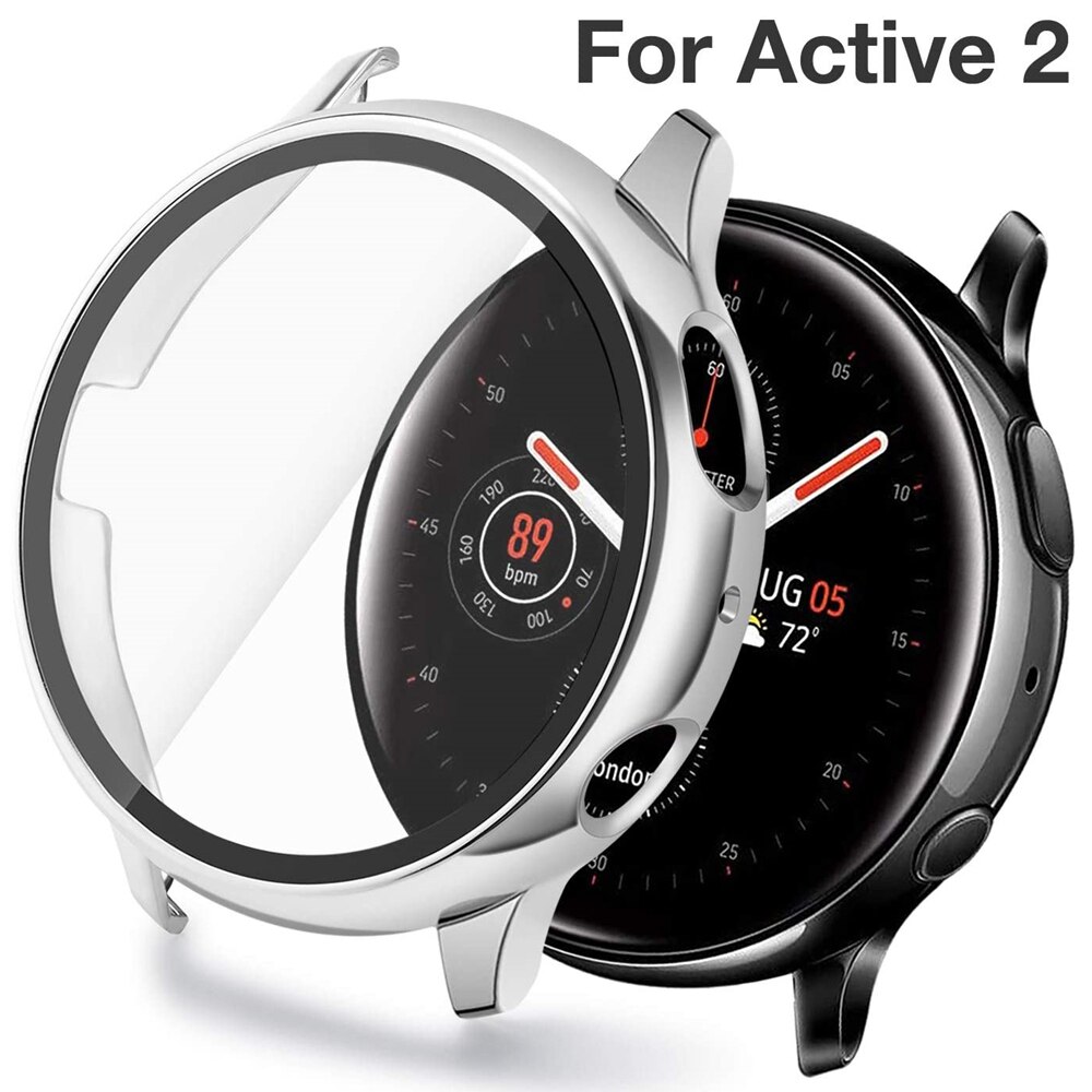 Galaxy watch active 2 etui med hærdet glas skærmbeskyttelsesfilm til samsung active 2 44mm 40mm hard cover kofanger beskyttende: Sølv / 40mm