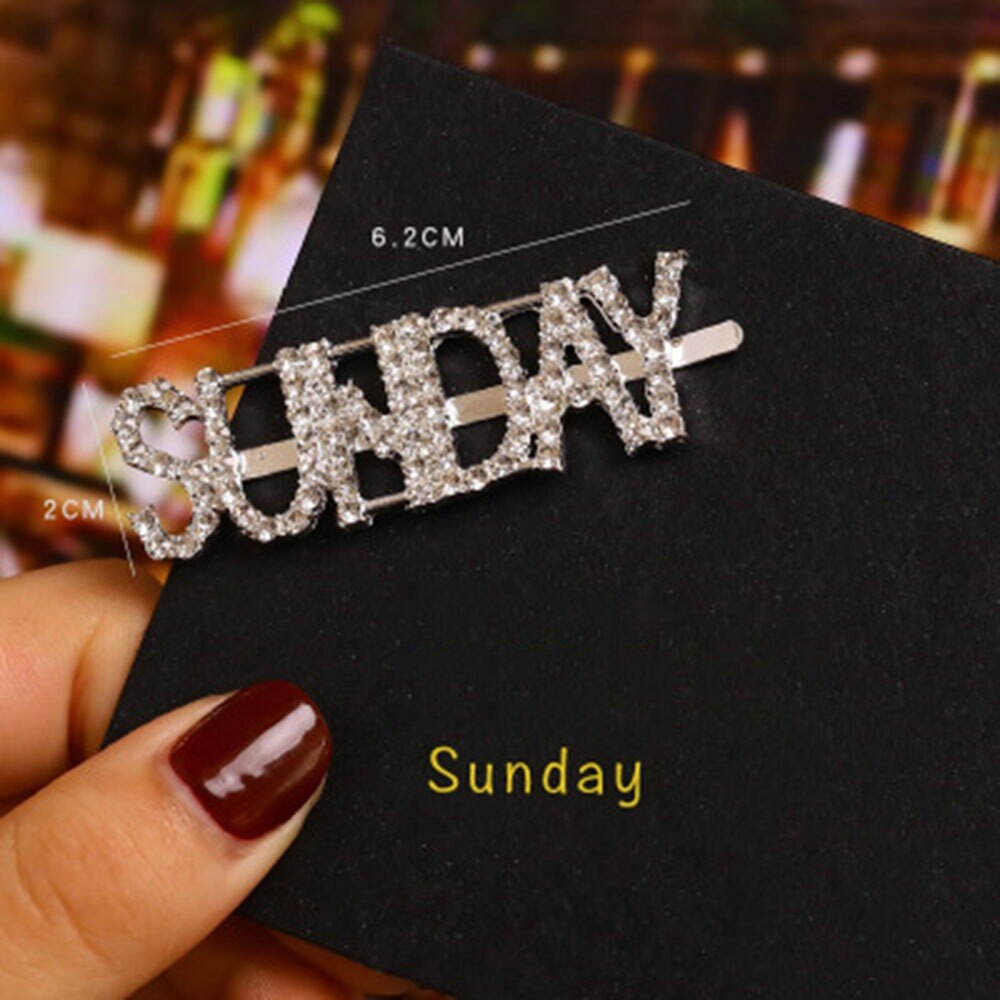 1Pc Woord Clip Parel Haaraccessoires Engels Week Brief Haarspeld Strass Zilveren Diamanten Liu Seaside Clip: 7