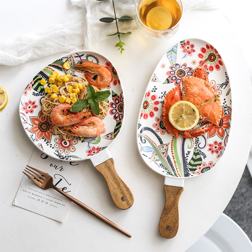 Platos de ensalada de cerámica con asa, platos de cena de porcelana, plato de servir de patrón Floral colorido para sándwiches de postres