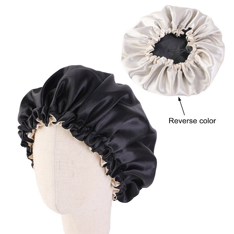 Adjustable Baby Hair Caps Silky Satin Bonnet Double Layer Sleep Cap Night Turban Children Solid Headwear Cute Hat Hair Wear: Black
