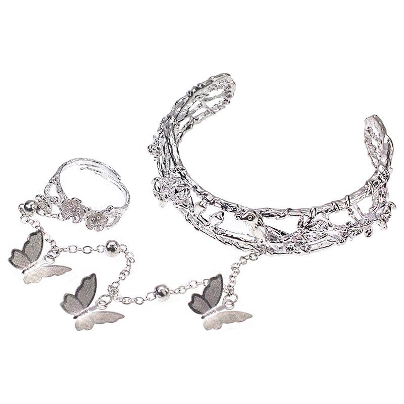 Chinese Butterfly Bells Ring Bracelet All-in-one Flower Bangle Charm Jewelry Silver Plated Bracelet Women Jewelry Accessories