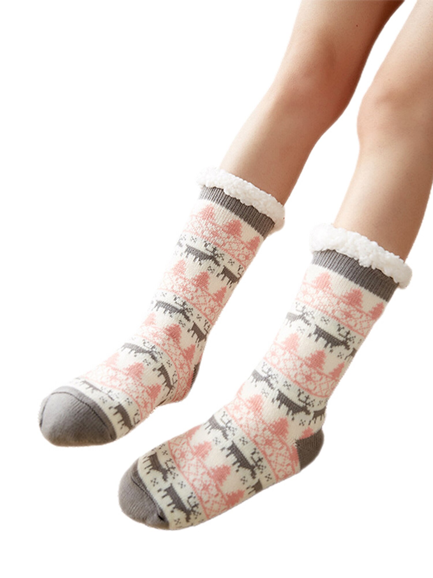 Inverno feminino floco de neve velo meias forro de malha meias grossas quente antiderrapante chinelo de natal hosiery: WHITE