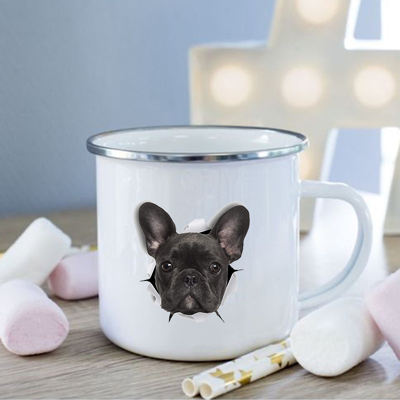 Taza de esmalte con estampado de Bulldog Francés, tazas creativas de café, bebidas, postres, desayuno, leche, tazas Vintage con asa, los mejores: XH522-A015WH-8
