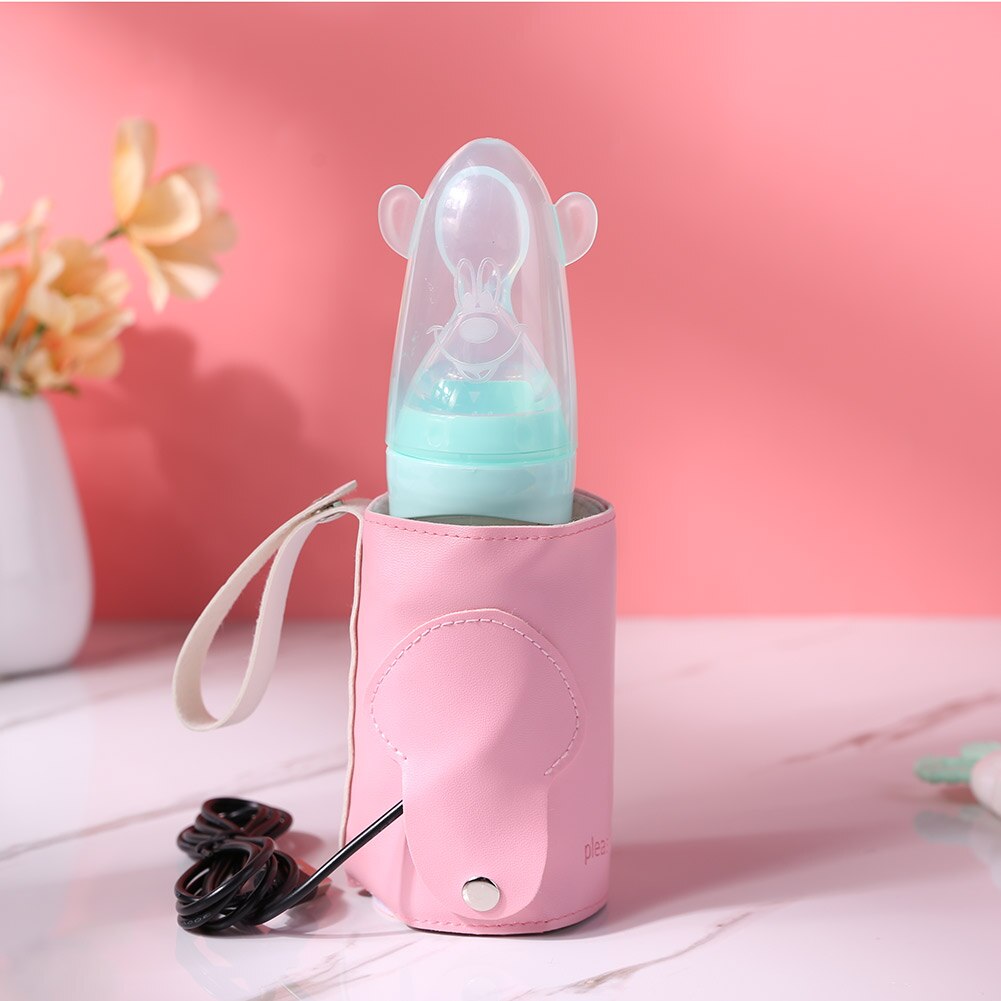 Usb babyflaskevarmervarmer bærbar lædermælkvarmervarmerflaske isoleret taske udendørs rejse spædbarn fodring flaske taske: Lyserød