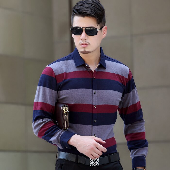 Heren overhemd met brede strepen, casual en zakelijk, lange mouwen, brede strepen, geverfd slim fit katoenen overhemd voor heren