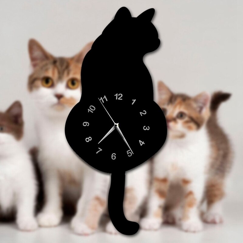 Modern 3D Digital Wall Clock Cat Swinging Tail Move Silent Non Ticking Pendulum Quartz Clock for Bedroom Home Decor