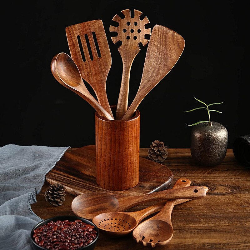 Utensilios de cocina de madera, 8 Uds. Cucharas y espátula de madera para cocinar, elegantes, utensilios de cocina para uso en el hogar y la cocina