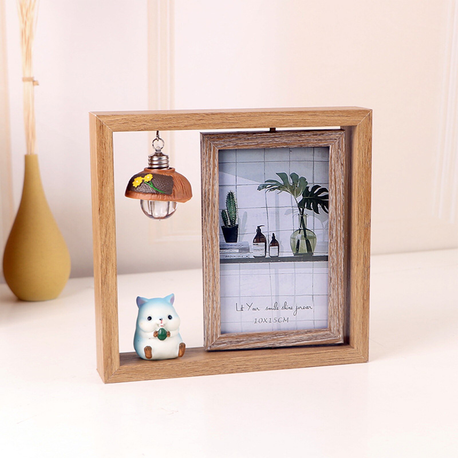 Marco de foto de madera de 6 pulgadas, con luz 3D giratorio de doble cara, de dibujos animados, estilo nórdico, decoración creativa