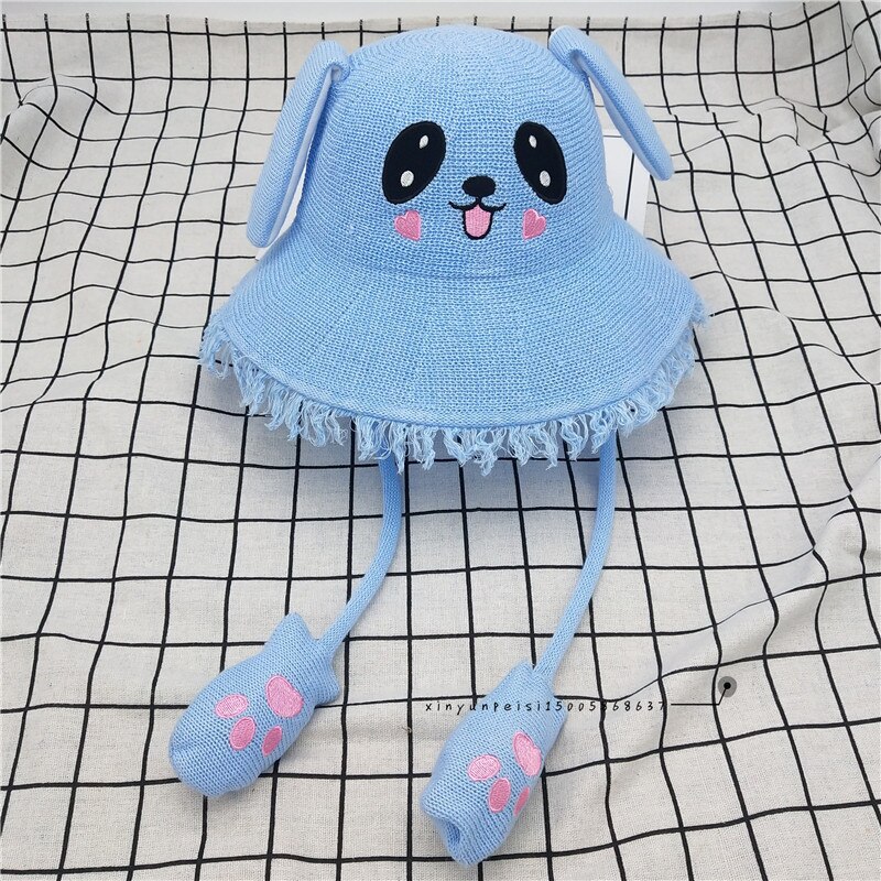 Cartoon Ears Press Air Cute Bag Moving Up Down Hat Girl Kids Summer Bucket Cap for children and adult: blue for kids