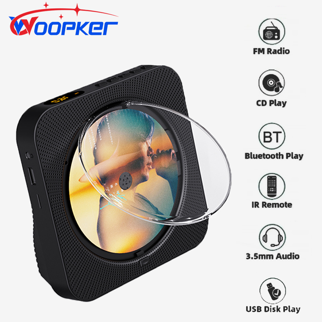 Woopker CD Player KC-718 Portable Multifunction CD VCD Stereo DVD Player Support CD/Bluetooth Speaker/FM Radio/USB Drive