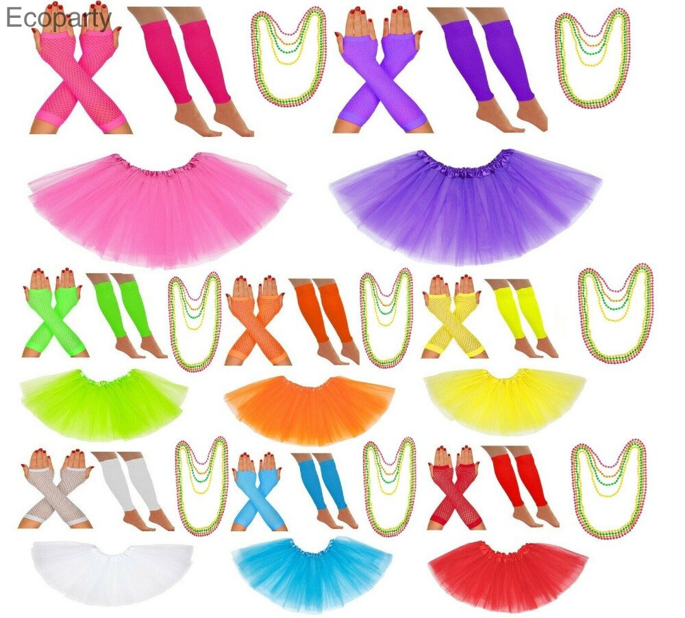 Jupe Tutu pour femmes, vert néon, rose vif, bleu, rouge, blanc, 80s, gants en résille, jambières, collier, Costume de danse des années 1980, fête des poules