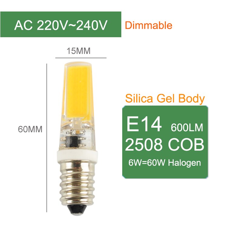 = (K) = LED COB G4 G9 E14 Dimbare Lamp AC/DC 12V 3w 5w 6W 220V LED G4 G9 Gloeilamp voor kroonluchter vervangen halogeen Lamp: E14 220V 6W Dimmable / Warm White / x5 pcs lamps