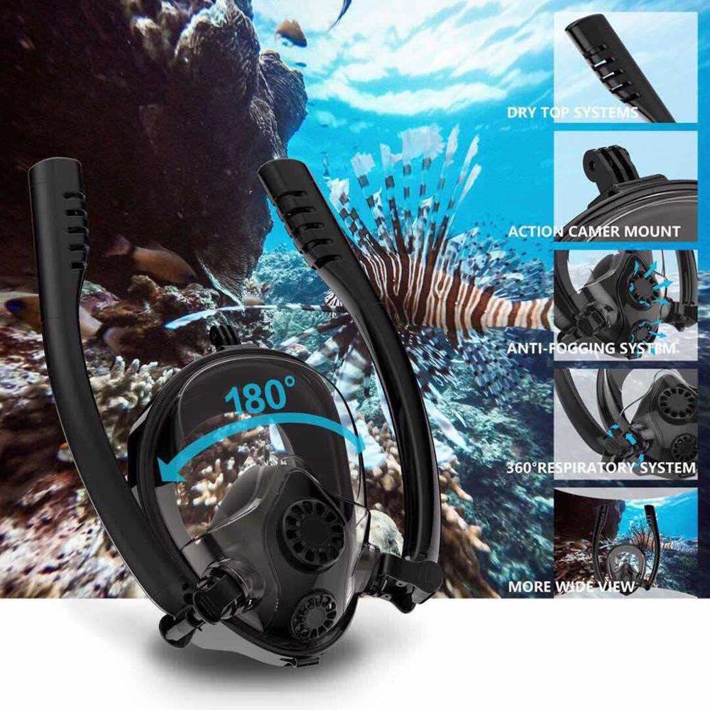 Máscara de buceo de tubo doble para niños y adultos, máscara de esnórquel de cara completa, piel seca, buceo bajo el agua, natación, máscara de esnórquel antiniebla